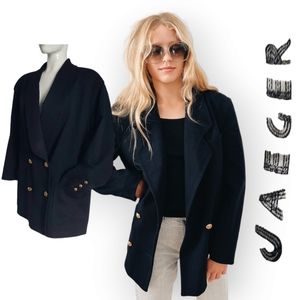 Vintage Jaeger navy double breasted long lapel oversized gold hardware wool med.